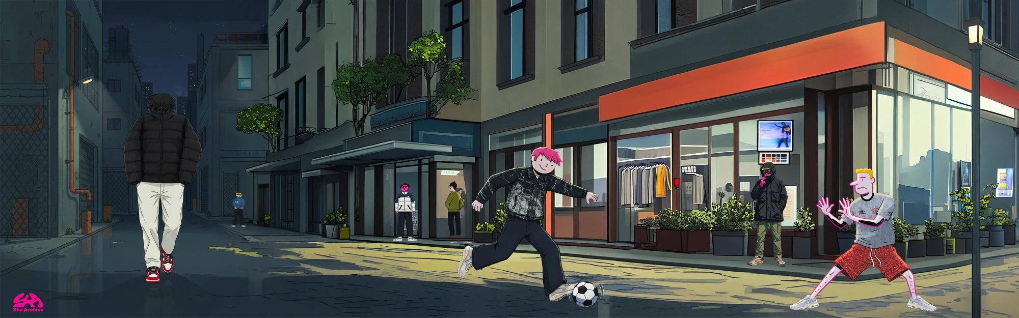 Illustrazione streetwear urban Sha Archive: ragazzi in outfit tecnici e sneakers in una via cittadina notturna, stile graffiti e archive fashion.